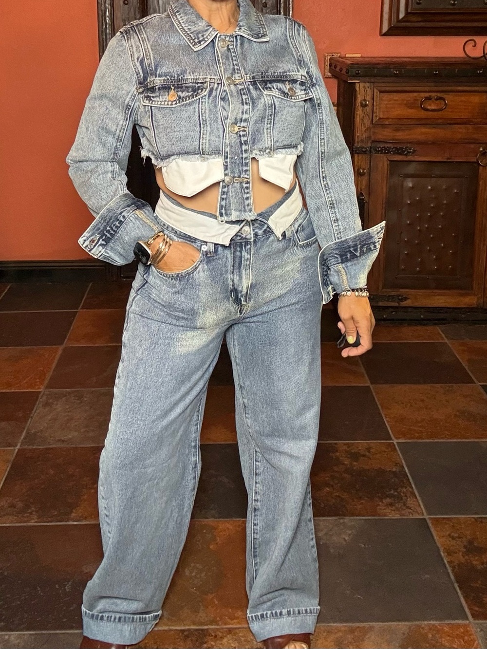 Fashion Nova Light Blue Cropped Denim Jacket & High-Waist Jeans Set